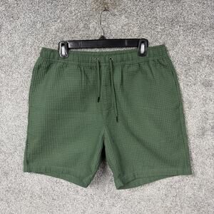 Negative Space Sweat Shorts Mens L 34x9 Green Waffle Knit Elastic Waist Summer
